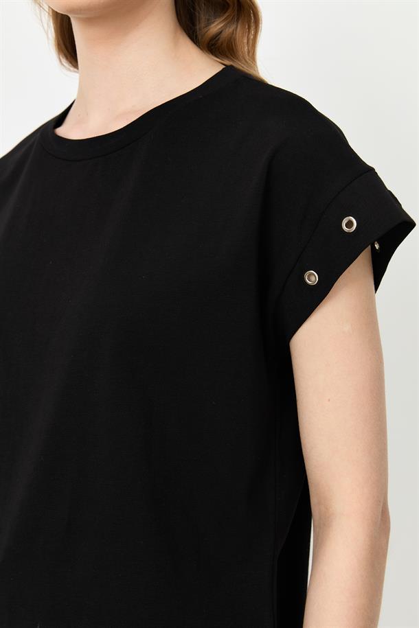 Kuş Gözü Detay Penye Bluz-SİYAH