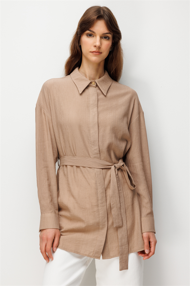 Kuşak Detay Yırtmaçlı Tunik Gömlek-