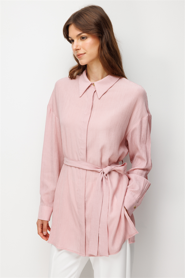 Kuşak Detay Yırtmaçlı Tunik Gömlek-PEMBE