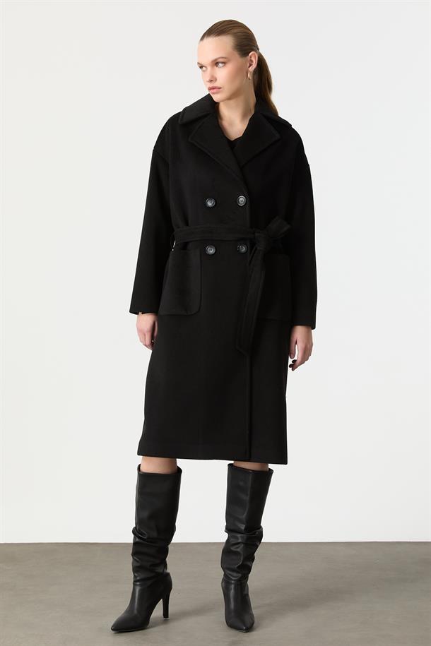 Kuşak Detaylı Cepli Kaşe Kaban-SİYAH