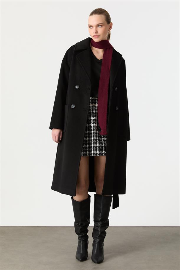 Kuşak Detaylı Cepli Kaşe Kaban-SİYAH