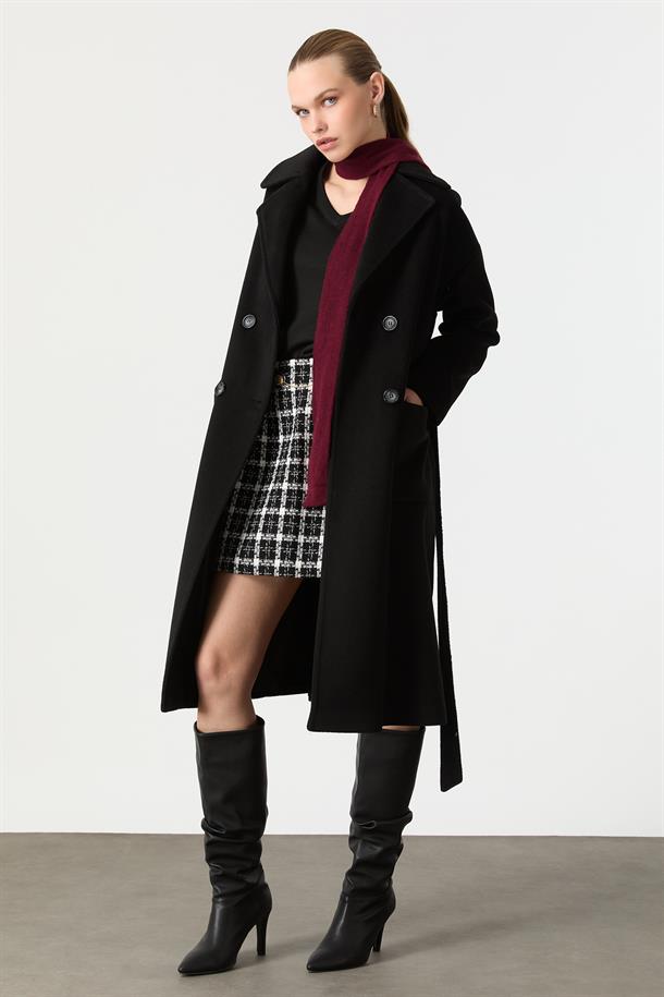 Kuşak Detaylı Cepli Kaşe Kaban-SİYAH