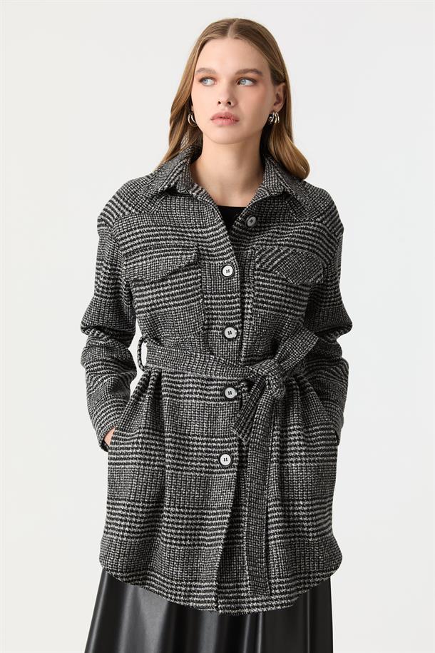 Kuşak Detaylı Ekose Ceket-SİYAH/BEYAZ