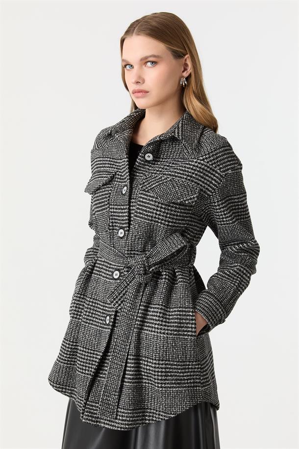 Kuşak Detaylı Ekose Ceket-SİYAH/BEYAZ
