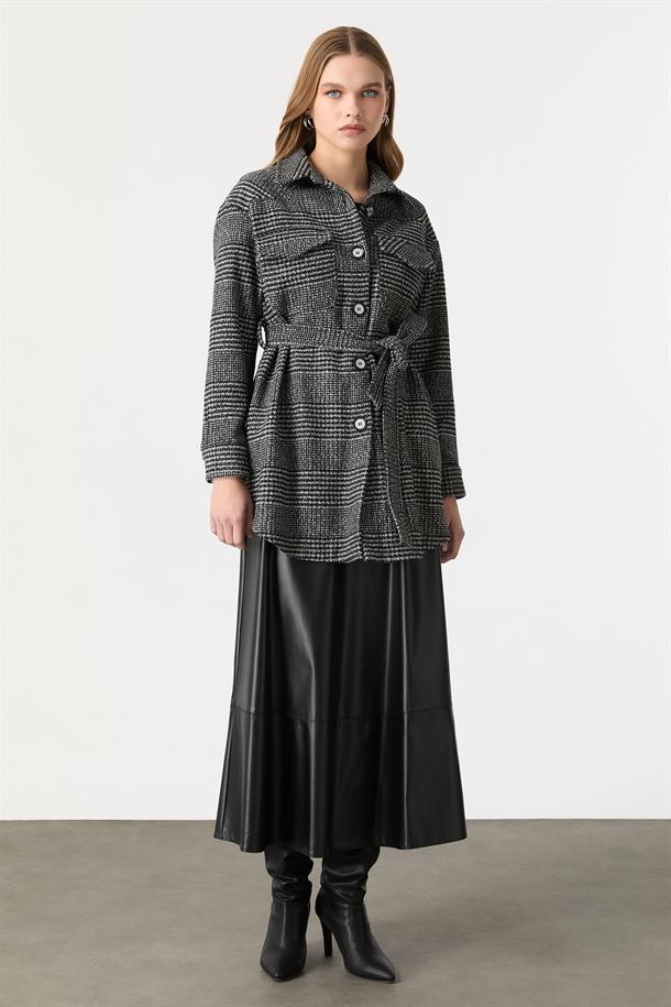 Kuşak Detaylı Ekose Ceket-SİYAH/BEYAZ