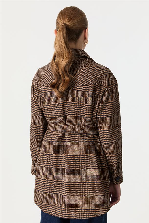 Kuşak Detaylı Ekose Ceket-TABA