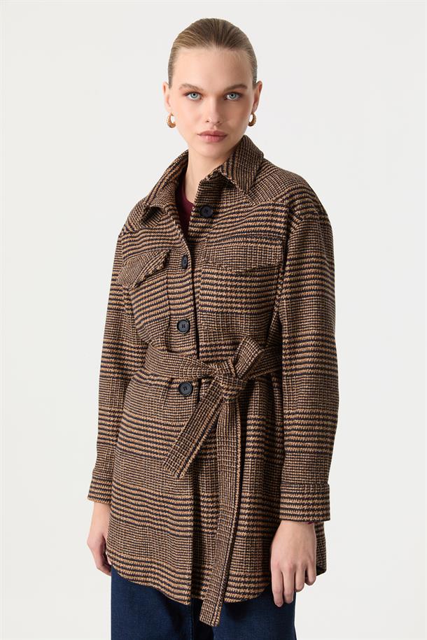 Kuşak Detaylı Ekose Ceket-TABA