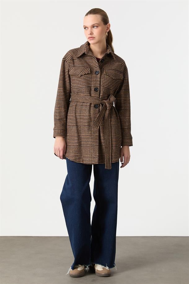 Kuşak Detaylı Ekose Ceket-TABA