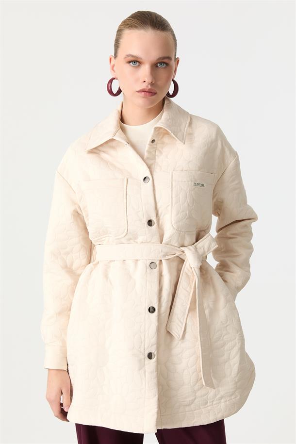 Kuşak Detaylı Kapitone Ceket-KREM