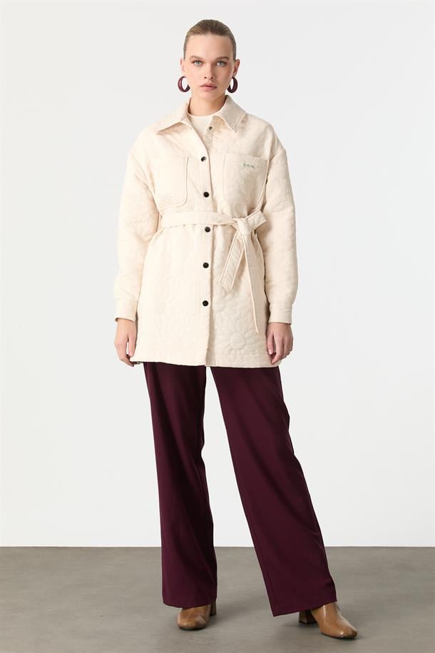 Kuşak Detaylı Kapitone Ceket-KREM