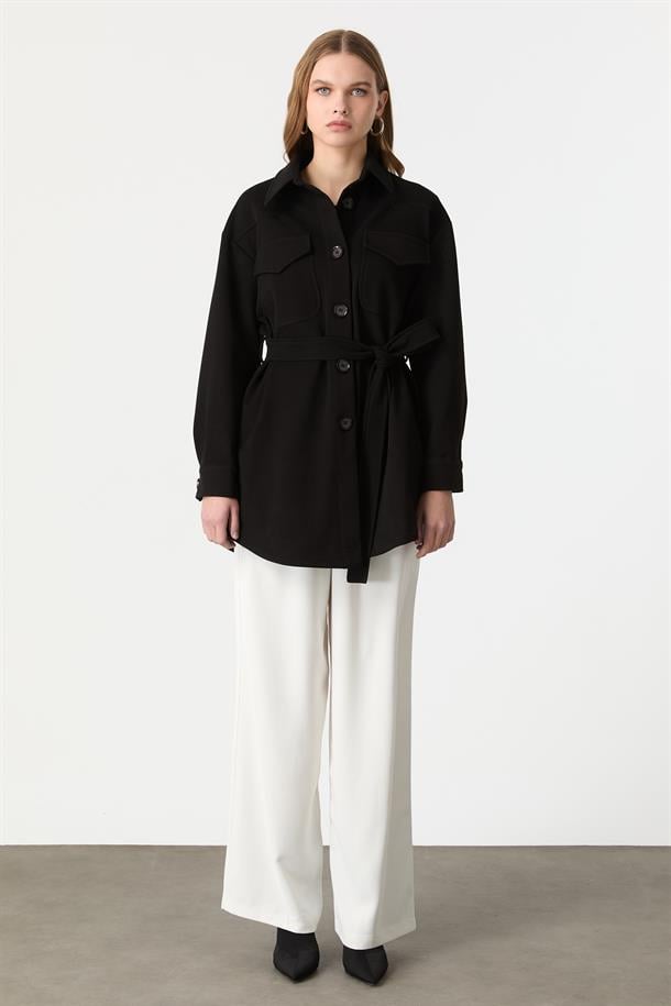 Kuşak Detaylı Kaşe Ceket-SİYAH