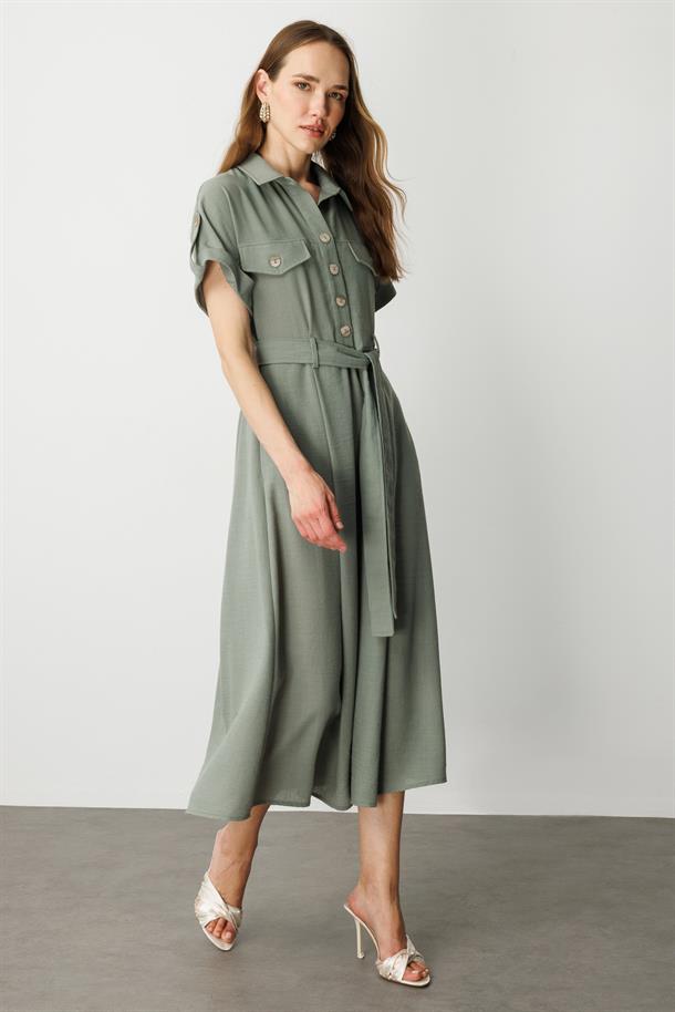 Kuşak Detaylı Keten Görünüm Elbise-ÇAĞLA