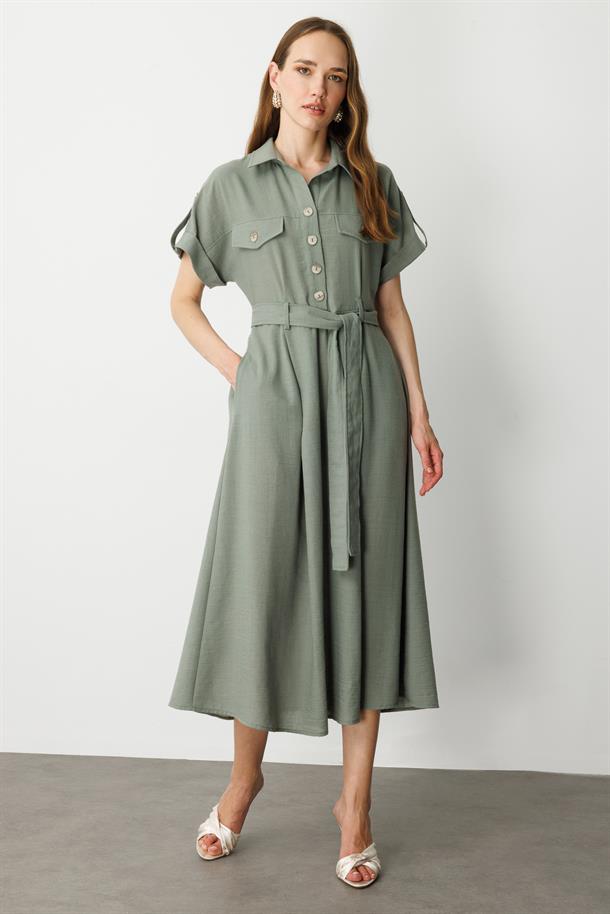 Kuşak Detaylı Keten Görünüm Elbise-ÇAĞLA