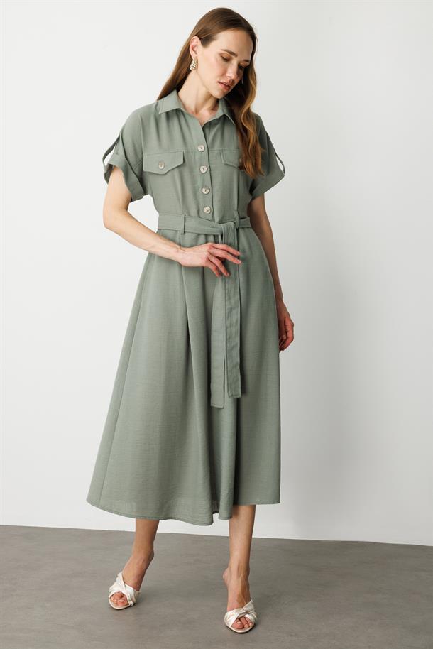 Kuşak Detaylı Keten Görünüm Elbise-ÇAĞLA