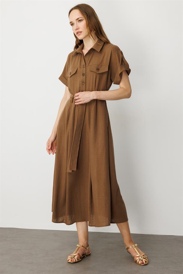 Kuşak Detaylı Keten Görünüm Elbise-KAHVE