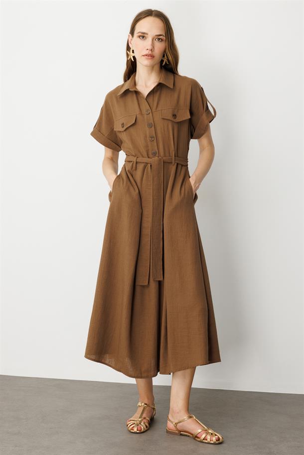 Kuşak Detaylı Keten Görünüm Elbise-KAHVE