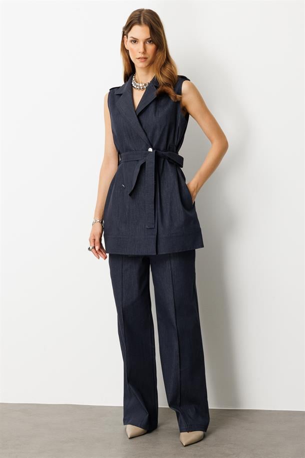 Kuşak Detaylı Kot Yelek-LACI