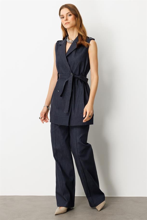 Kuşak Detaylı Kot Yelek-LACI