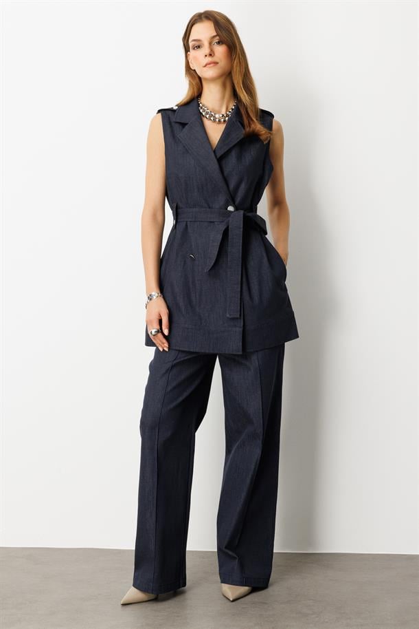 Kuşak Detaylı Kot Yelek-LACI