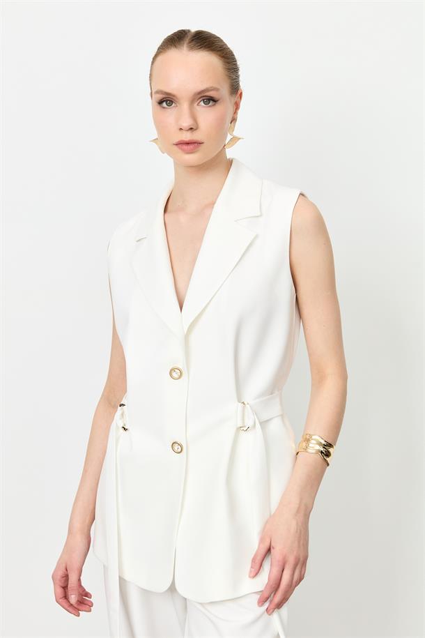 Kuşak Detaylı Krep Yelek-KEMIK