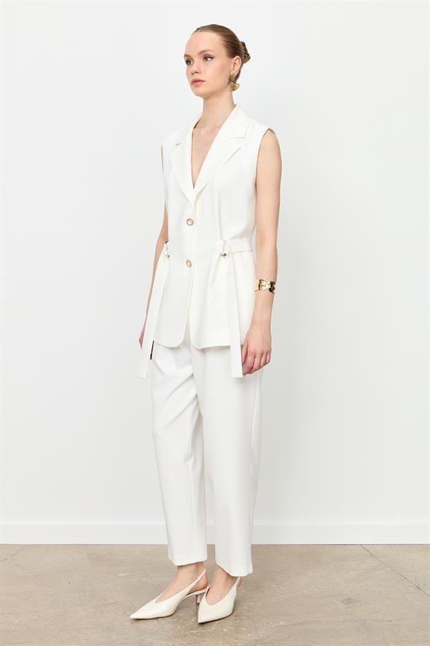 Kuşak Detaylı Krep Yelek-KEMIK