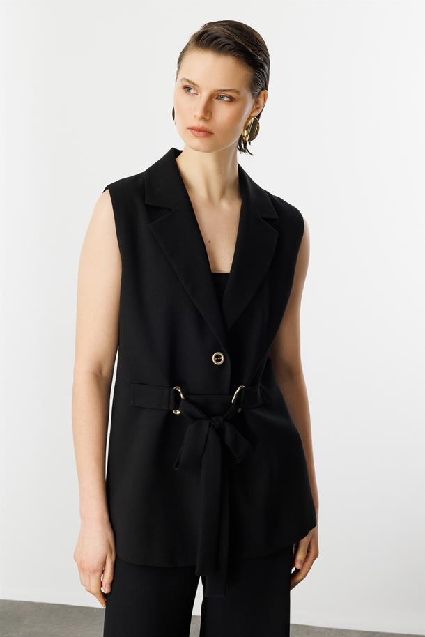 Kuşak Detaylı Krep Yelek-SİYAH