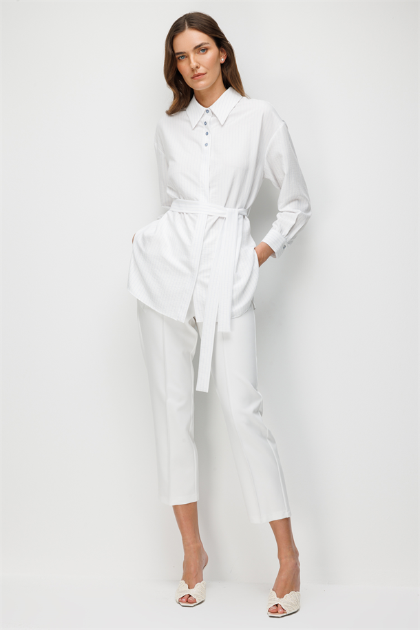 Kuşak Detaylı Tunik Gömlek-BEYAZ/MAVİ