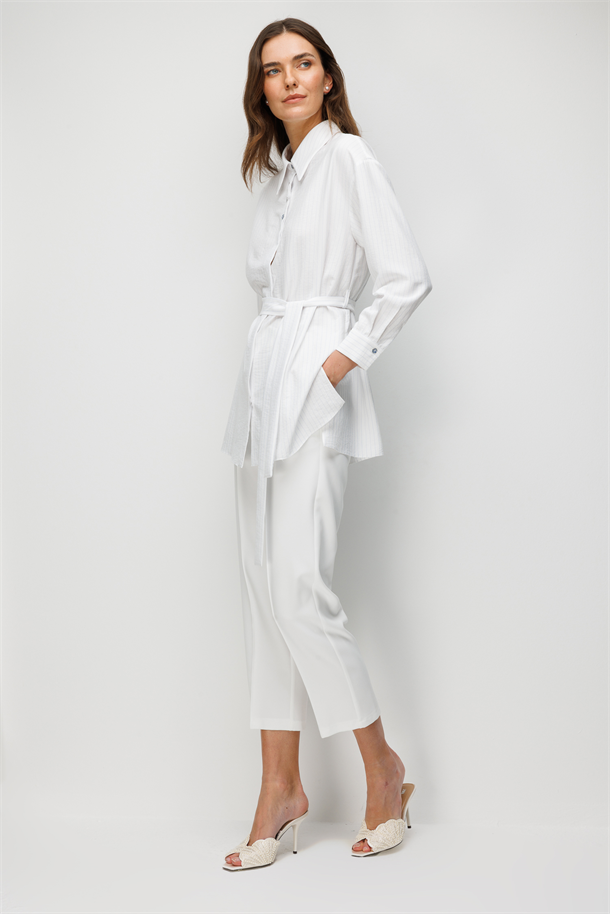 Kuşak Detaylı Tunik Gömlek-BEYAZ/MAVİ