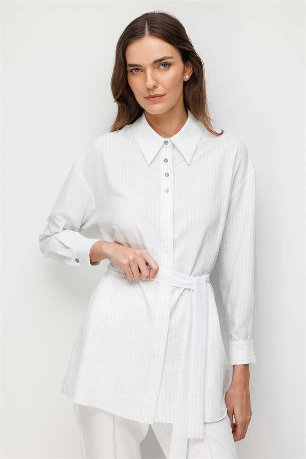 Kuşak Detaylı Tunik Gömlek-BEYAZ/MAVİ