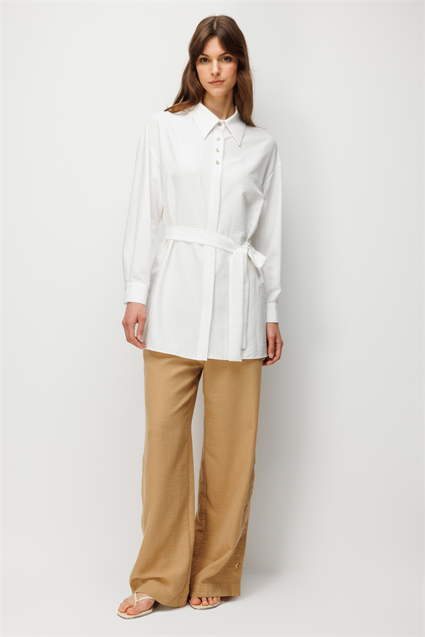 Kuşak Detaylı Tunik Gömlek-KEMIK