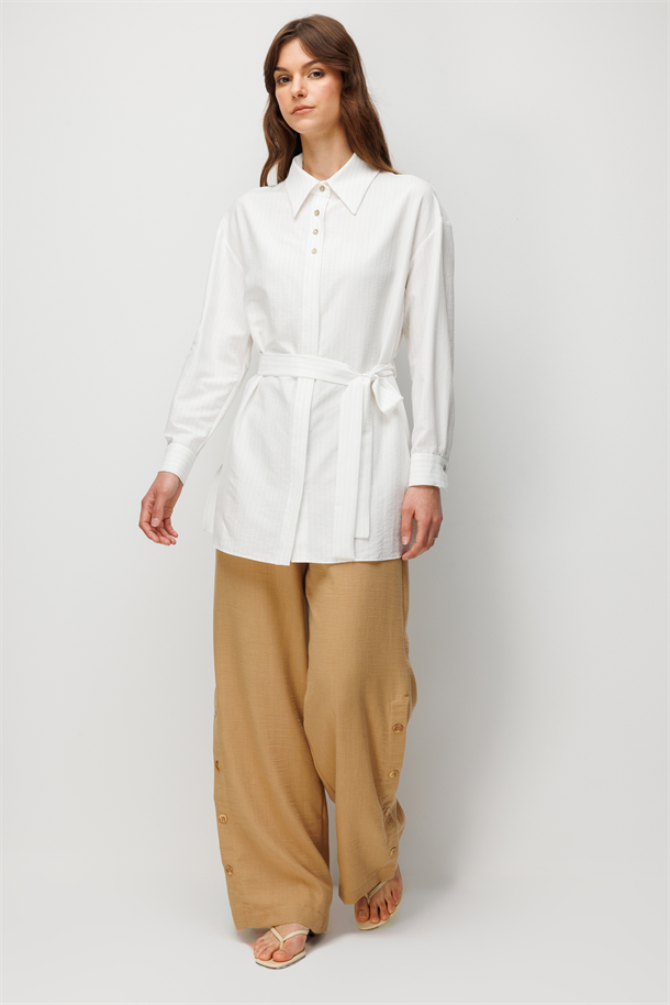 Kuşak Detaylı Tunik Gömlek-KEMIK