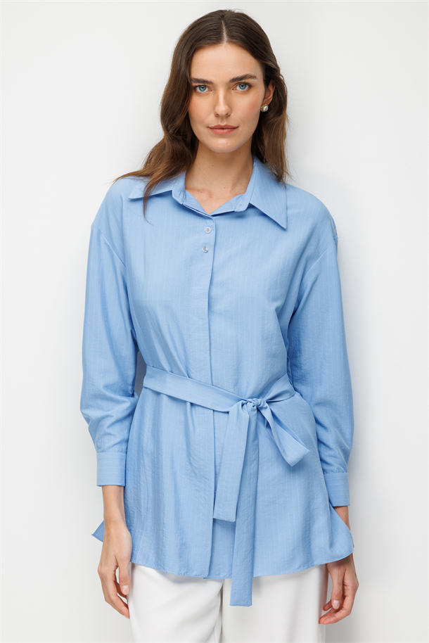 Kuşak Detaylı Tunik Gömlek-MAVİ