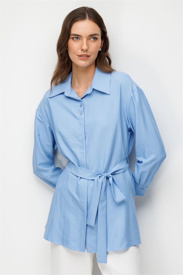 Kuşak Detaylı Tunik Gömlek-MAVİ