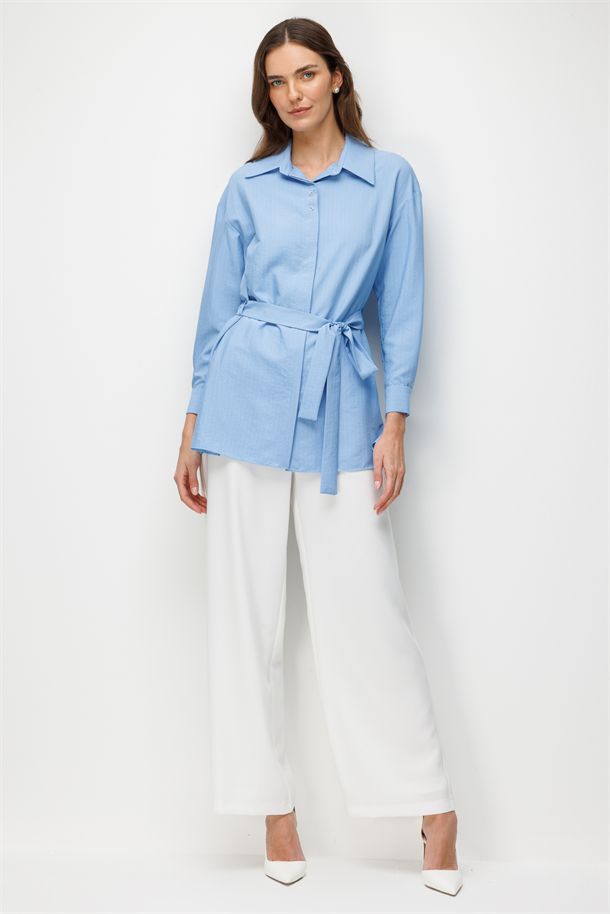 Kuşak Detaylı Tunik Gömlek-MAVİ