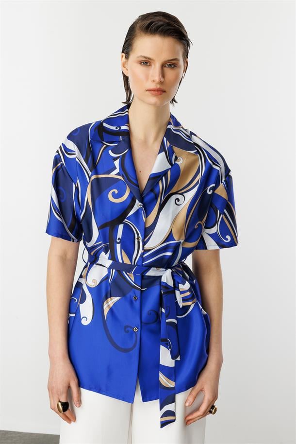 Kuşaklı Saten Gömlek-SAX