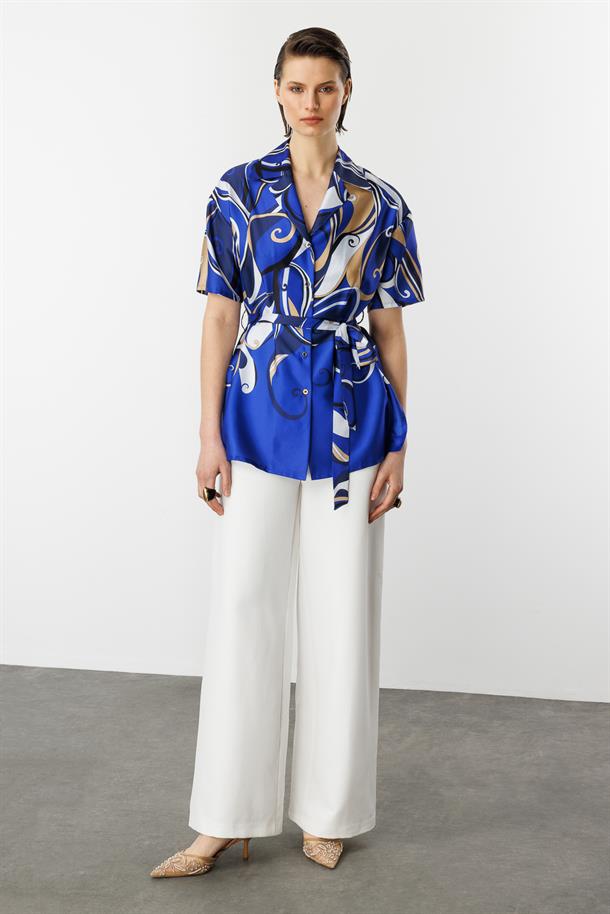 Kuşaklı Saten Gömlek-SAX