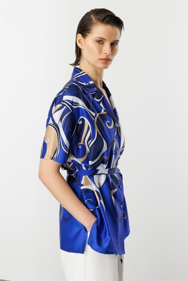 Kuşaklı Saten Gömlek-SAX