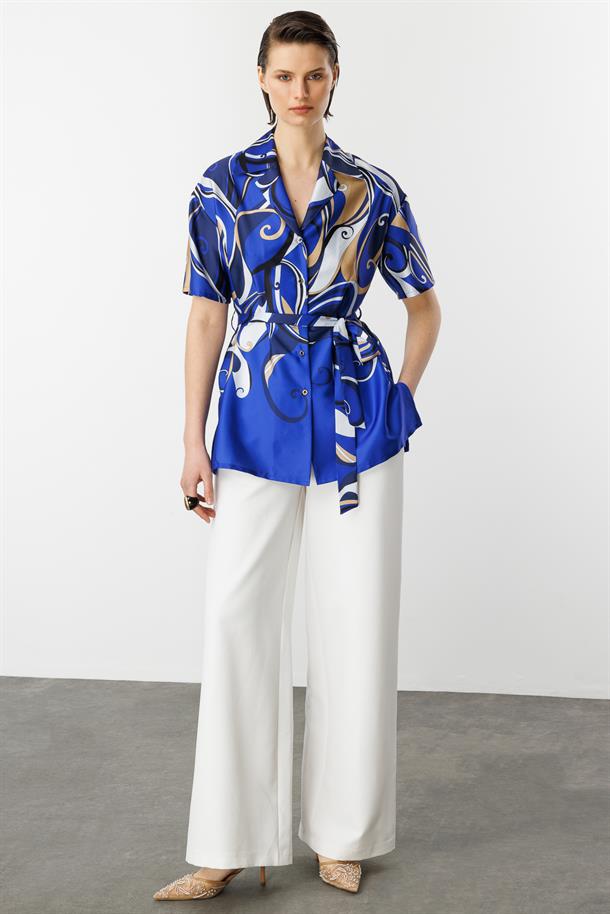 Kuşaklı Saten Gömlek-SAX