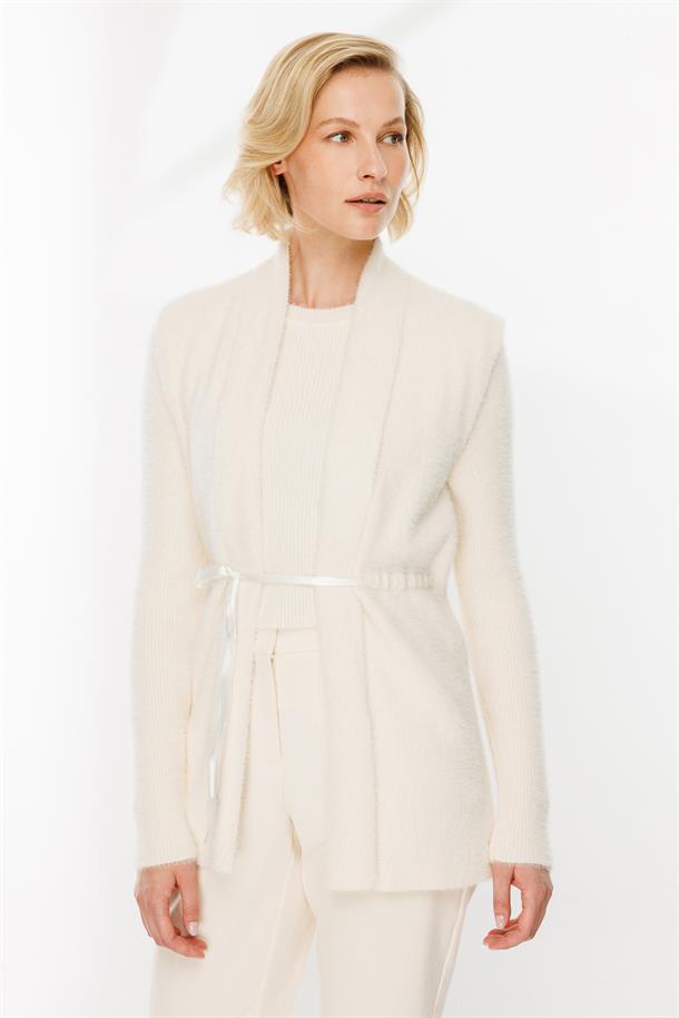 Kuşaklı Triko Yelek-EKRU