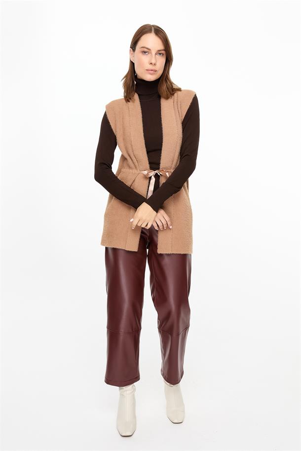 Kuşaklı Triko Yelek-KARAMEL