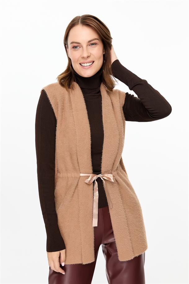 Kuşaklı Triko Yelek-KARAMEL