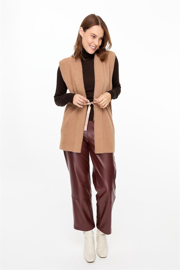 Kuşaklı Triko Yelek-KARAMEL