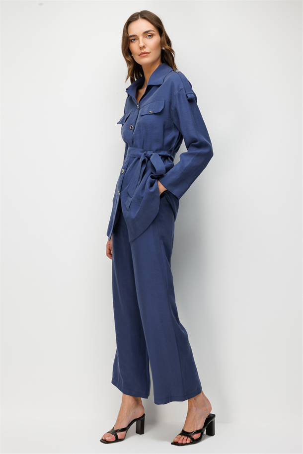 Kuşaklı Cupra Tunik Gömlek-İNDİGO