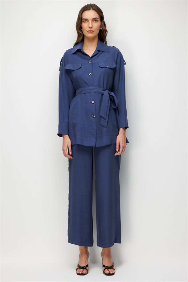 Kuşaklı Cupra Tunik Gömlek-İNDİGO