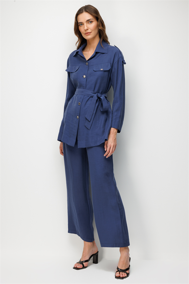 Kuşaklı Cupra Tunik Gömlek-İNDİGO