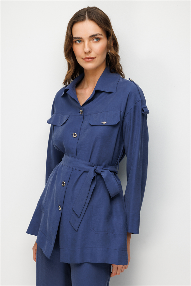 Kuşaklı Cupra Tunik Gömlek-İNDİGO