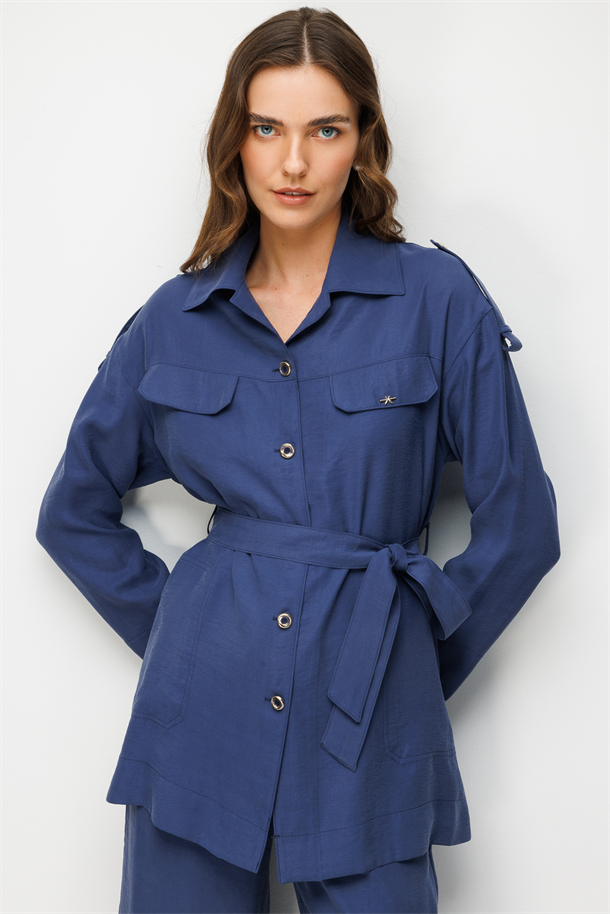 Kuşaklı Cupra Tunik Gömlek-İNDİGO