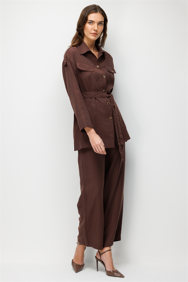 Kuşaklı Cupra Tunik Gömlek-KAHVE
