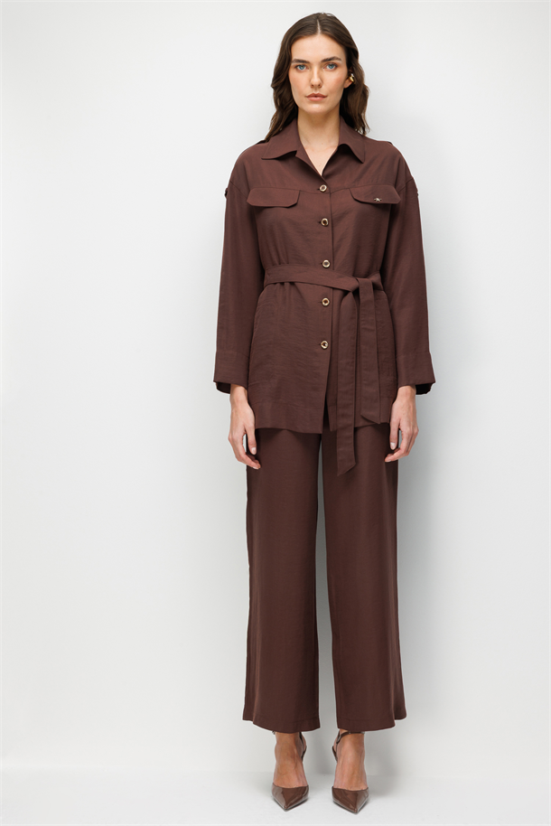 Kuşaklı Cupra Tunik Gömlek-KAHVE