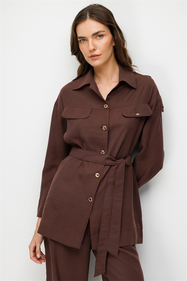 Kuşaklı Cupra Tunik Gömlek-KAHVE